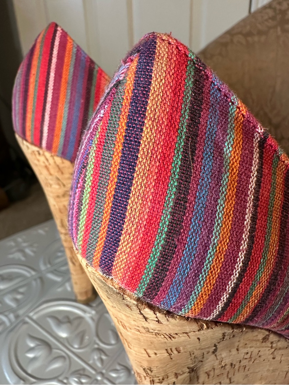 Bamboo Multicolor Striped Cork Platform Peep Toe Heels Size 8.5 Boho Pumps - Picture 12 of 13